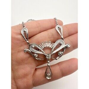 Vintage Am Lee Sterling Silver rhinestone filigree Necklace 16”
